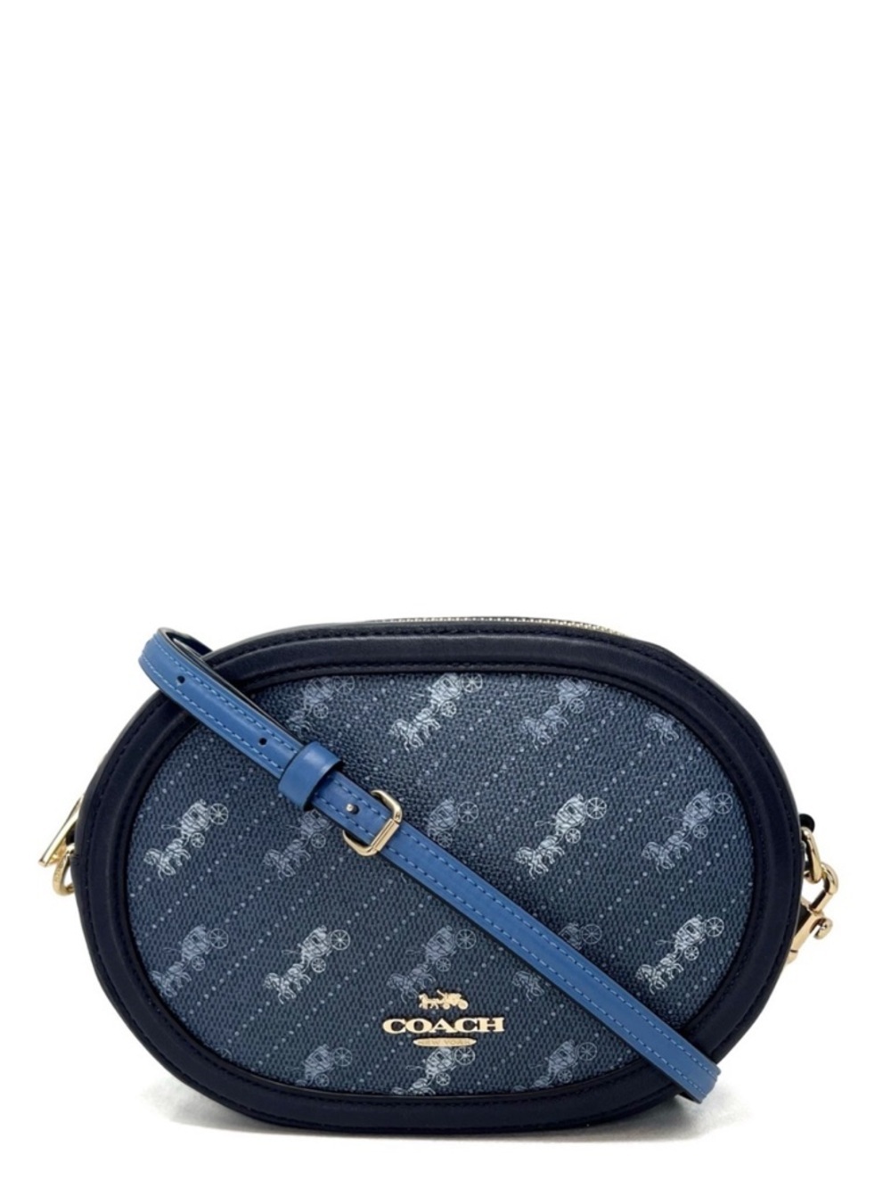 Coach Camera Bag Horse & Carriage Dot Print Denim & Navy Blue Crossbody EUC